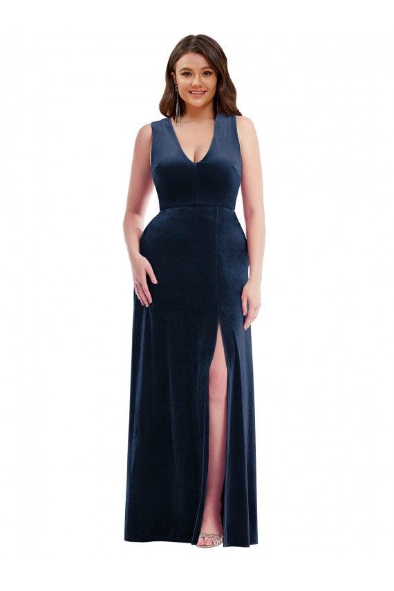 Compra Azul marina oscuro Cubierta Cuello en V Terciopelo Elástico Largo Formales Vestidos de dama de honor / Vestidos de fiesta