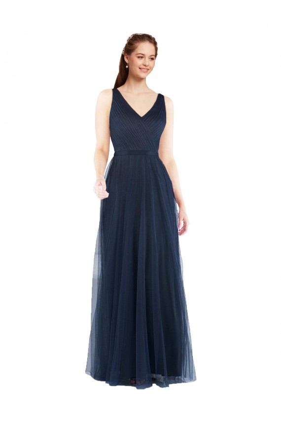 Compra Azul marina oscuro Cubierta Cuello en V Tul Largo Vestidos de dama de honor