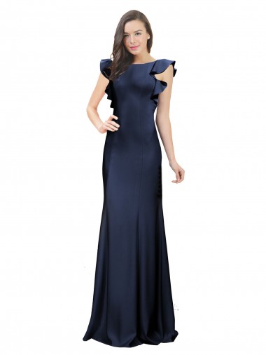 Azul marina oscuro Sirena Barco Crepé Elástico Largo Vestidos de dama de honor / Vestidos de fiesta Venta