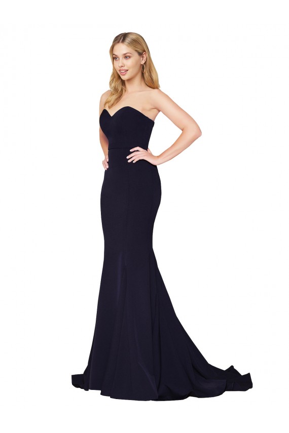 Compra Azul marina oscuro Sirena Cuello Alto Barrer tren Crepé Elástico Largo Formales Vestidos de dama de honor / Vestidos de fiesta
