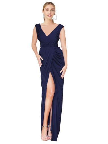 Azul marina oscuro Sirena Cuello en V Cuello Alto Gasa Largo Formales Vestidos de dama de honor / Vestidos de fiesta Venta