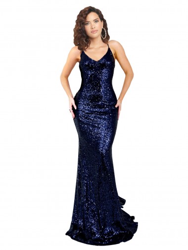 Azul marina oscuro Sirena Cuello en V Lentejuela Largo Formales Vestidos de dama de honor / Vestidos de fiesta Venta