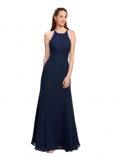 Azul marina oscuro Sirena Halter Cuello Alto Gasa Largo Vestidos de dama de honor / Vestidos de fiesta Venta