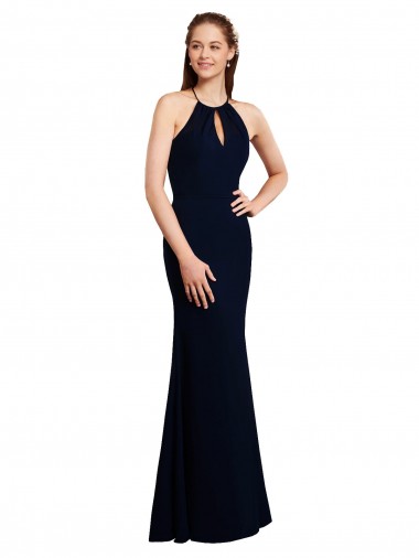 Azul marina oscuro Sirena Halter Gasa Largo Vestidos de dama de honor Venta