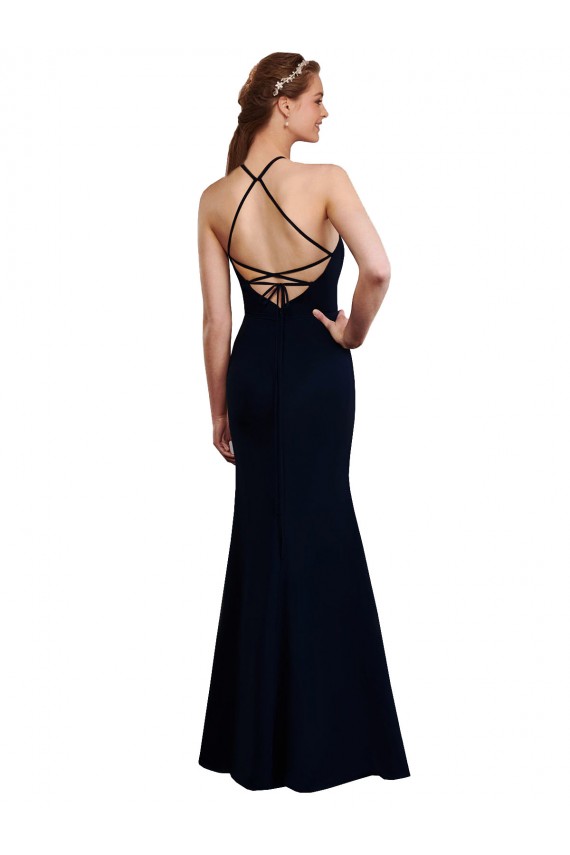 Compra Azul marina oscuro Sirena Halter Gasa Largo Vestidos de dama de honor