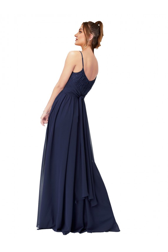 Compra Azul marina oscuro línea A Cucharón Gasa Encaje Largo Vestidos de dama de honor