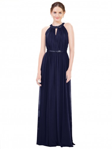 Azul marina oscuro línea A Cuello Alto Gasa Largo Vestidos de dama de honor Venta