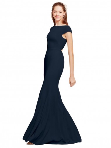 Azul marina oscuro línea A Cuello Barco Crepé Elástico Largo Formales Vestidos de dama de honor / Vestidos de fiesta Venta
