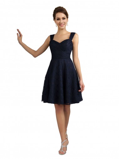 Azul marina oscuro línea A Cuello de Corazón Encaje Corto Vestidos de dama de honor / Vestidos de cóctel Venta