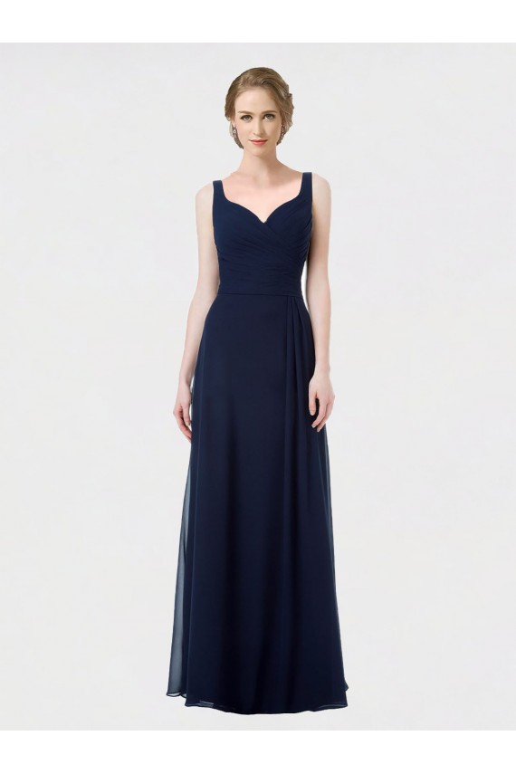 Compra Azul marina oscuro línea A Cuello de Corazón Gasa Largo Vestidos de dama de honor