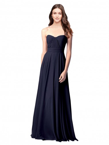 Azul marina oscuro línea A Cuello de Corazón Sin tirantes Gasa Largo Vestidos de dama de honor Venta