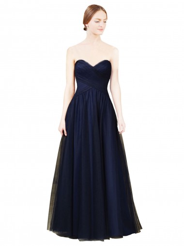 Azul marina oscuro línea A Cuello de Corazón Sin tirantes Tul Largo Vestidos de dama de honor Venta