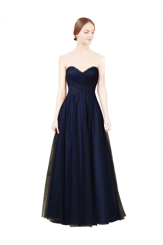 Compra Azul marina oscuro línea A Cuello de Corazón Sin tirantes Tul Largo Vestidos de dama de honor