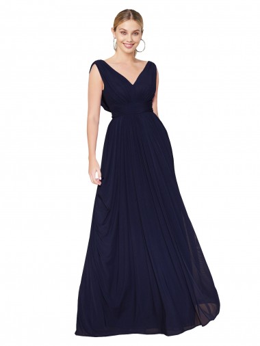 Azul marina oscuro línea A Cuello en V Cuello Alto Gasa Largo Formales Vestidos de dama de honor / Vestidos de fiesta Venta