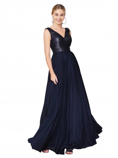 Azul marina oscuro línea A Cuello en V Cuello Alto Gasa Lentejuela Largo Vestidos de dama de honor / Vestidos de fiesta Venta