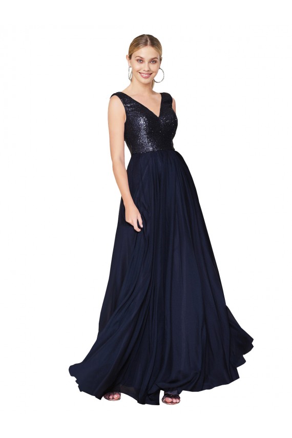 Compra Azul marina oscuro línea A Cuello en V Cuello Alto Gasa Lentejuela Largo Vestidos de dama de honor / Vestidos de fiesta