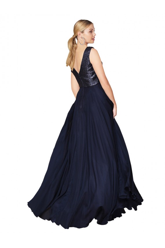 Compra Azul marina oscuro línea A Cuello en V Cuello Alto Gasa Lentejuela Largo Vestidos de dama de honor / Vestidos de fiesta