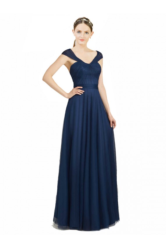 Compra Azul marina oscuro línea A Cuello en V Cuello de Corazón Tul Largo Vestidos de dama de honor