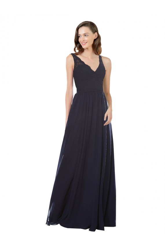 Compra Azul marina oscuro línea A Cuello en V Gasa Encaje Largo Vestidos de dama de honor