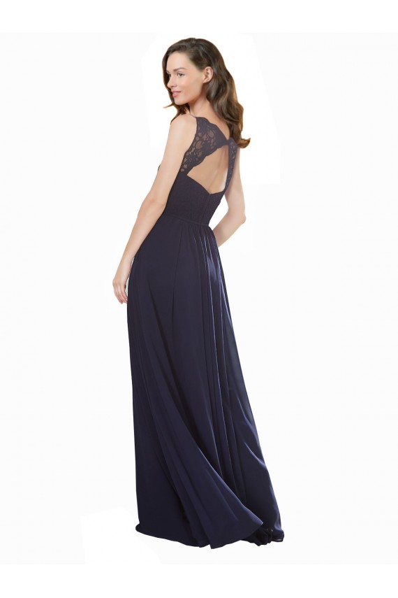 Compra Azul marina oscuro línea A Cuello en V Gasa Encaje Largo Vestidos de dama de honor