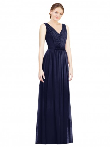 Azul marina oscuro línea A Cuello en V Gasa Largo Vestidos de dama de honor Venta