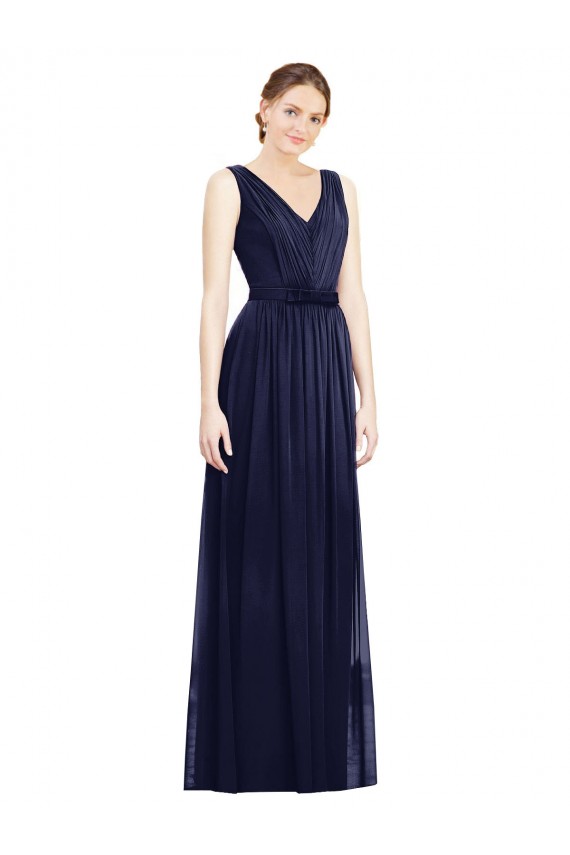 Compra Azul marina oscuro línea A Cuello en V Gasa Largo Vestidos de dama de honor