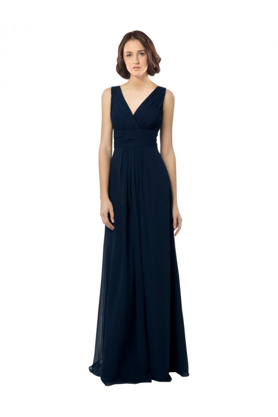 Compra Azul marina oscuro línea A Cuello en V Gasa Largo Vestidos de dama de honor
