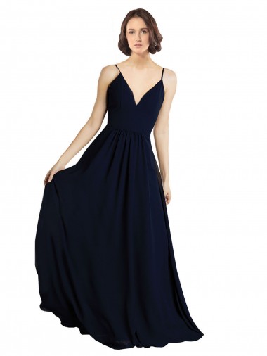 Azul marina oscuro línea A Cuello en V Gasa Largo Vestidos de dama de honor Venta