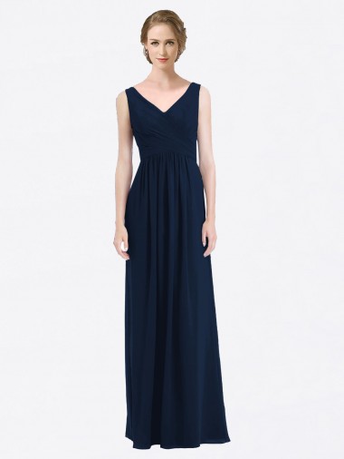 Azul marina oscuro línea A Cuello en V Gasa Largo Vestidos de dama de honor Venta