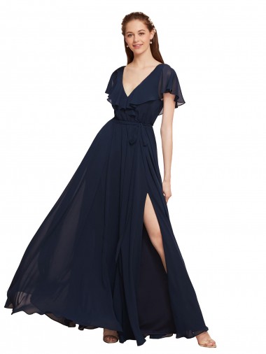 Azul marina oscuro línea A Cuello en V Gasa Largo Vestidos de dama de honor Venta