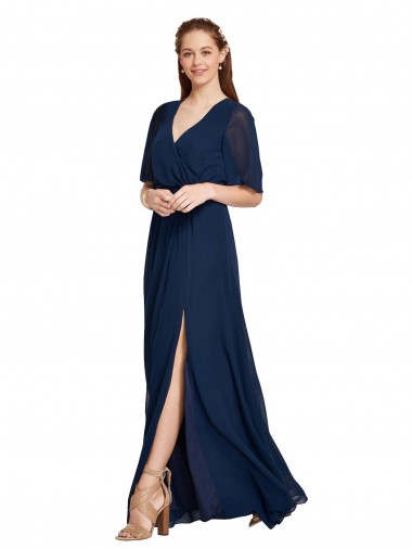Azul marina oscuro línea A Cuello en V Gasa Largo Vestidos de dama de honor Venta
