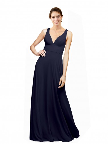 Azul marina oscuro línea A Cuello en V Gasa Largo Vestidos de dama de honor Venta