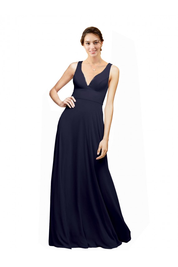 Compra Azul marina oscuro línea A Cuello en V Gasa Largo Vestidos de dama de honor