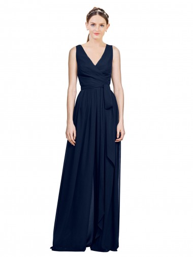 Azul marina oscuro línea A Cuello en V Gasa Largo Vestidos de dama de honor Venta