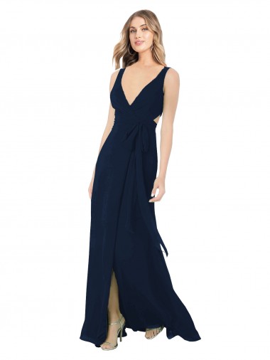 Azul marina oscuro línea A Cuello en V Gasa Largo Vestidos de dama de honor Venta