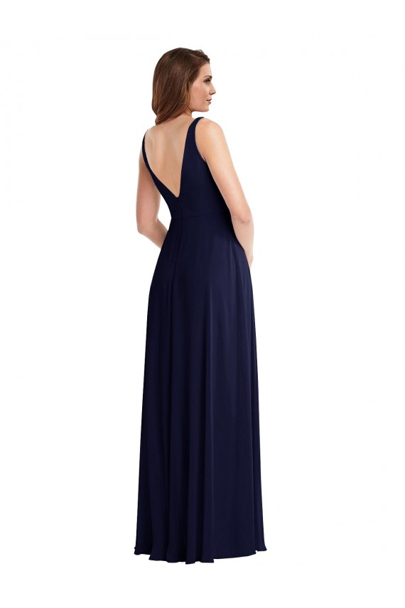 Compra Azul marina oscuro línea A Cuello en V Gasa Largo Vestidos de dama de honor