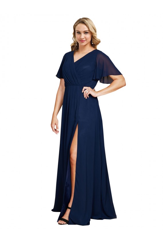 Compra Azul marina oscuro línea A Cuello en V Gasa Largo Formales Vestidos de dama de honor / Vestidos de fiesta