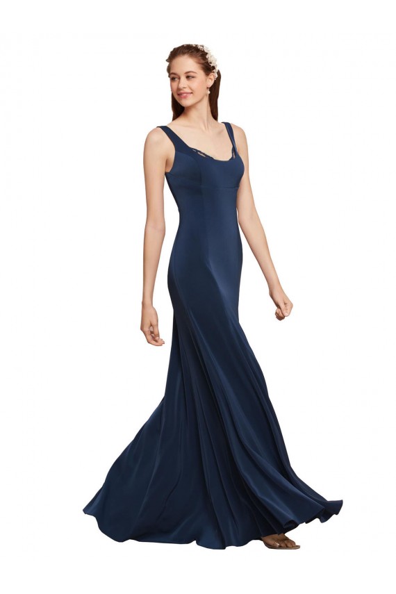 Compra Azul marina oscuro línea A Cuello redondo Crepé Elástico Largo Formales Vestidos de dama de honor / Vestidos de fiesta