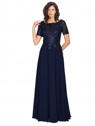 Azul marina oscuro línea A Cuello redondo Gasa Largo Vestidos de dama de honor / Vestidos de fiesta Venta
