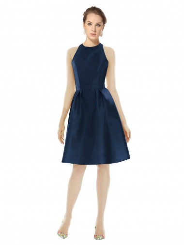 Azul marina oscuro línea A Halter Cóctel Satén Corto Vestidos de dama de honor / Vestidos de cóctel Venta