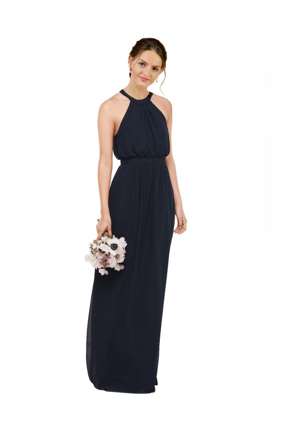 Compra Azul marina oscuro línea A Halter Cuello Alto Gasa Largo Vestidos de dama de honor
