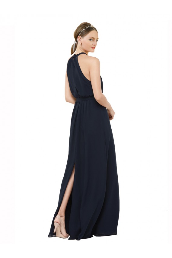 Compra Azul marina oscuro línea A Halter Cuello Alto Gasa Largo Vestidos de dama de honor