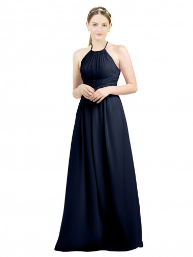 Azul marina oscuro línea A Halter Cuello Alto Gasa Largo Vestidos de dama de honor Venta