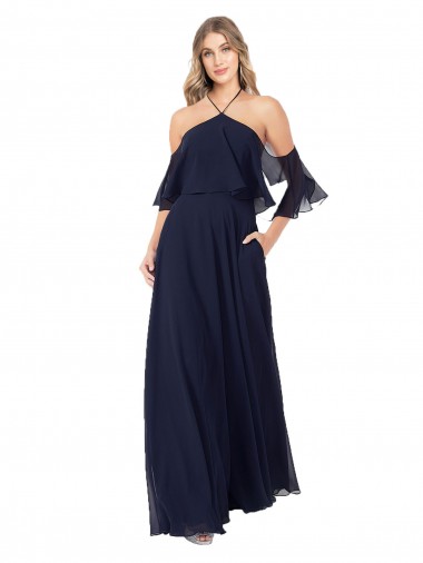 Azul marina oscuro línea A Halter Cuello Alto Gasa Largo Vestidos de dama de honor Venta