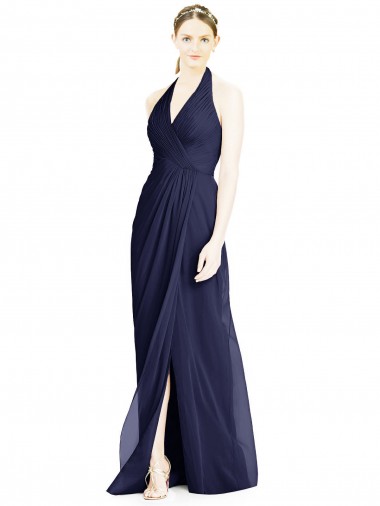 Azul marina oscuro línea A Halter Cuello en V Gasa Largo Vestidos de dama de honor Venta