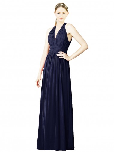 Azul marina oscuro línea A Halter Cuello en V Gasa Largo Vestidos de dama de honor Venta
