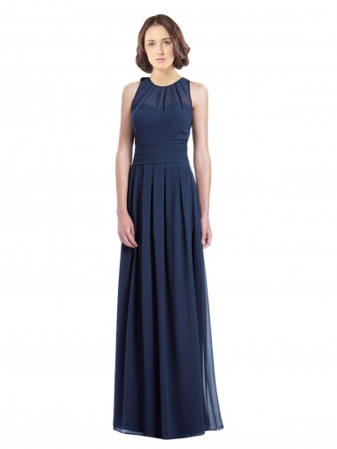 Azul marina oscuro línea A Halter Gasa Largo Vestidos de dama de honor Venta