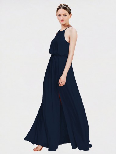 Azul marina oscuro línea A Halter Gasa Largo Vestidos de dama de honor Venta
