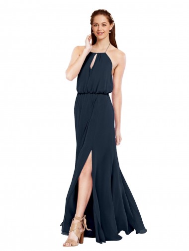 Azul marina oscuro línea A Halter Gasa Largo Vestidos de dama de honor Venta