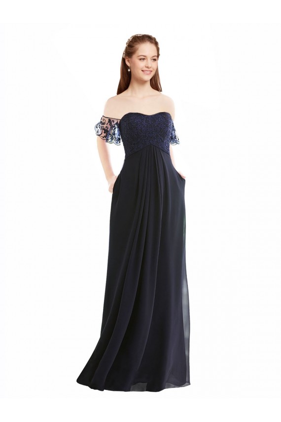 Compra Azul marina oscuro línea A Hombros Descubiertos Cuello en V Gasa Encaje Largo Vestidos de dama de honor
